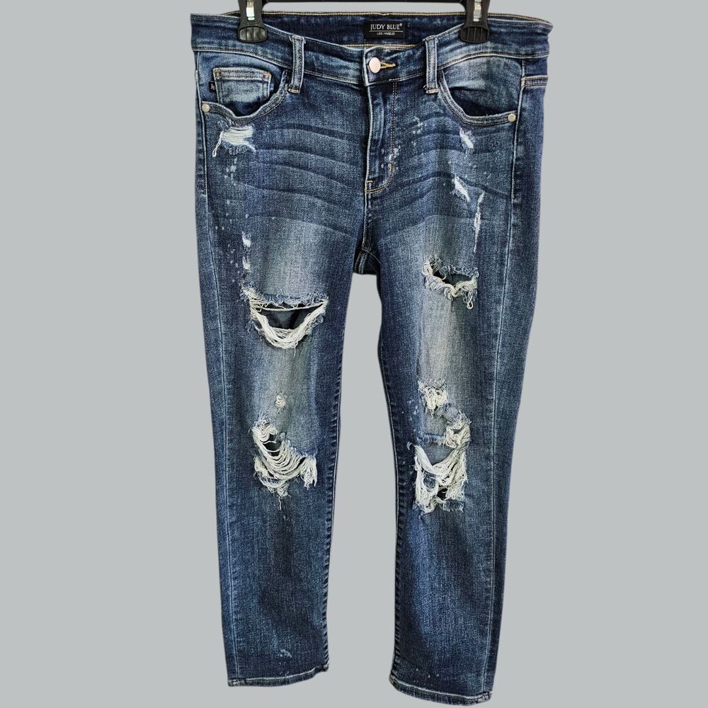 Judy Blue Paint Splatter Distressed Mid Rise Boyfriend Crop Skinny Jeans 7 / 28